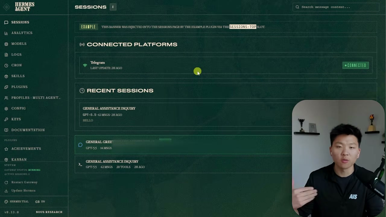 Use the Hermes dashboard for sessions, platforms, crons, configs, skills, and tasks frame